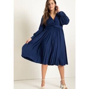Eloquii Midi Dress Knot Front Pleated Skirt Flowy Dressy Classic Blue Size 26